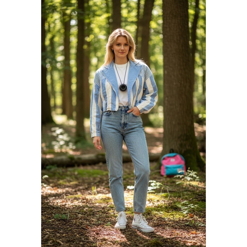VTG "Flamingo" Blue White Striped‎ Gingham Cropped Denim Jacket Womens SZ S 80's